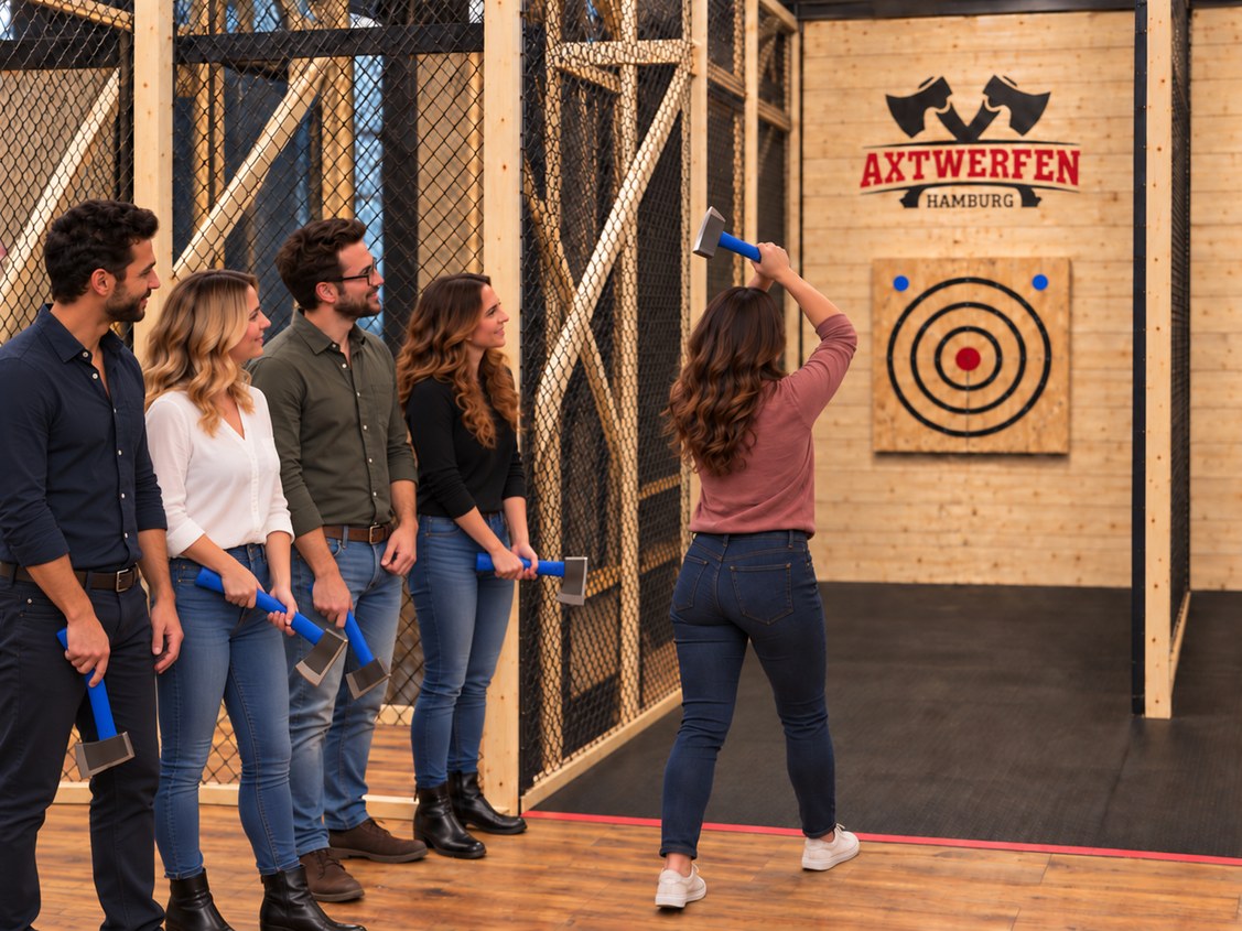 Teilnehmerin holt zum Axtwurf aus, ihr Team wartet mit Äxten in der Hand